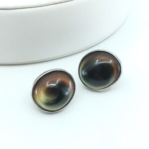 Vintage Rare Operculum Shell Sterling Silver Screw Back Earrings Cat Eye Antique